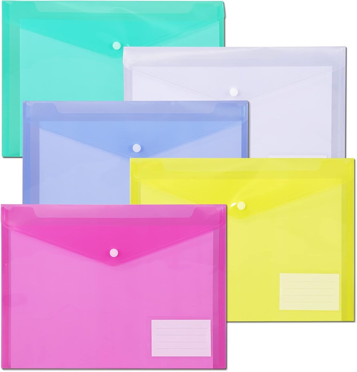 10 Pack Plastic File Folders with Label Pockets Envelopes (Assorted Colors)